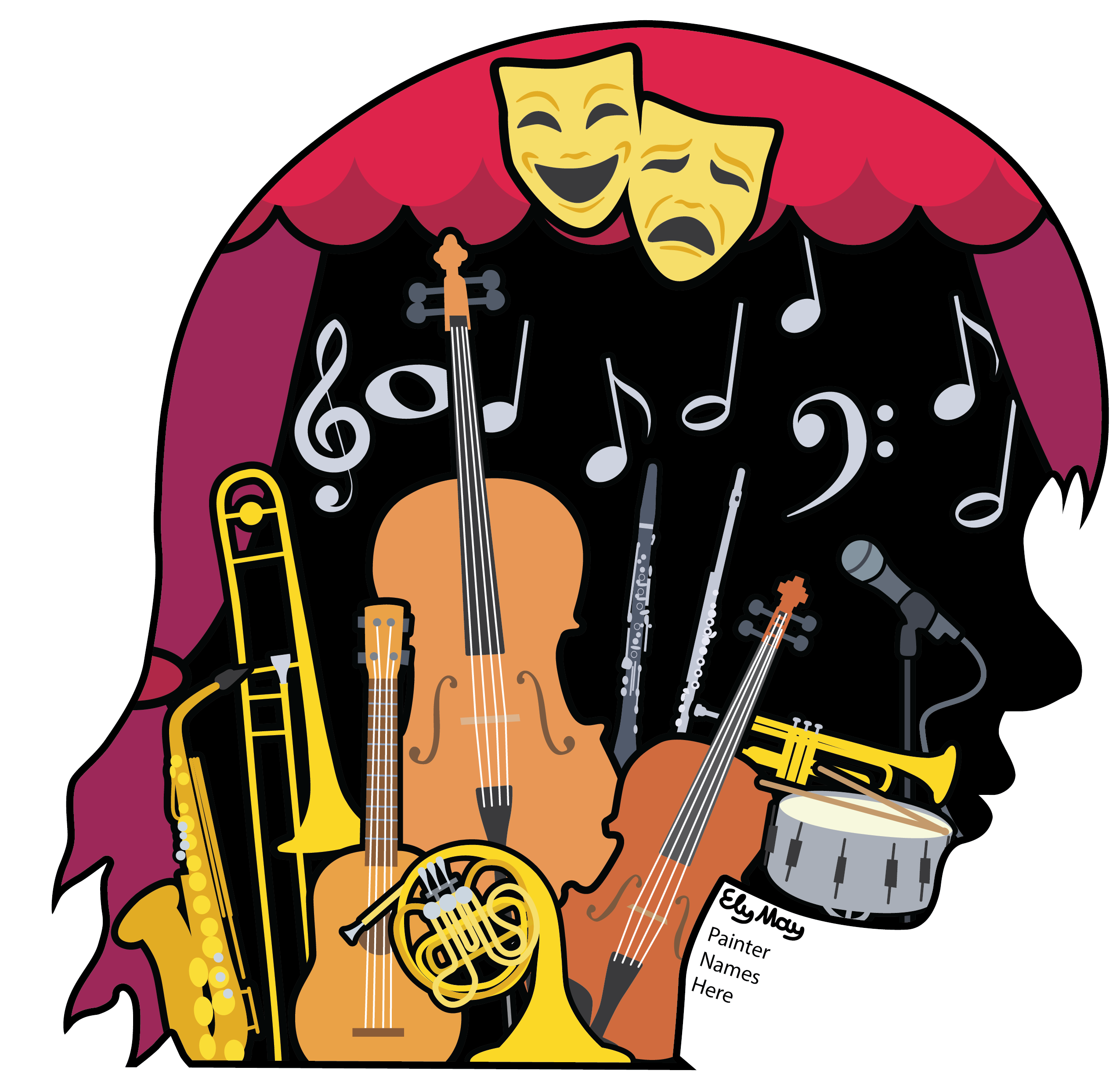 a mural featuring a variety of performing arts items